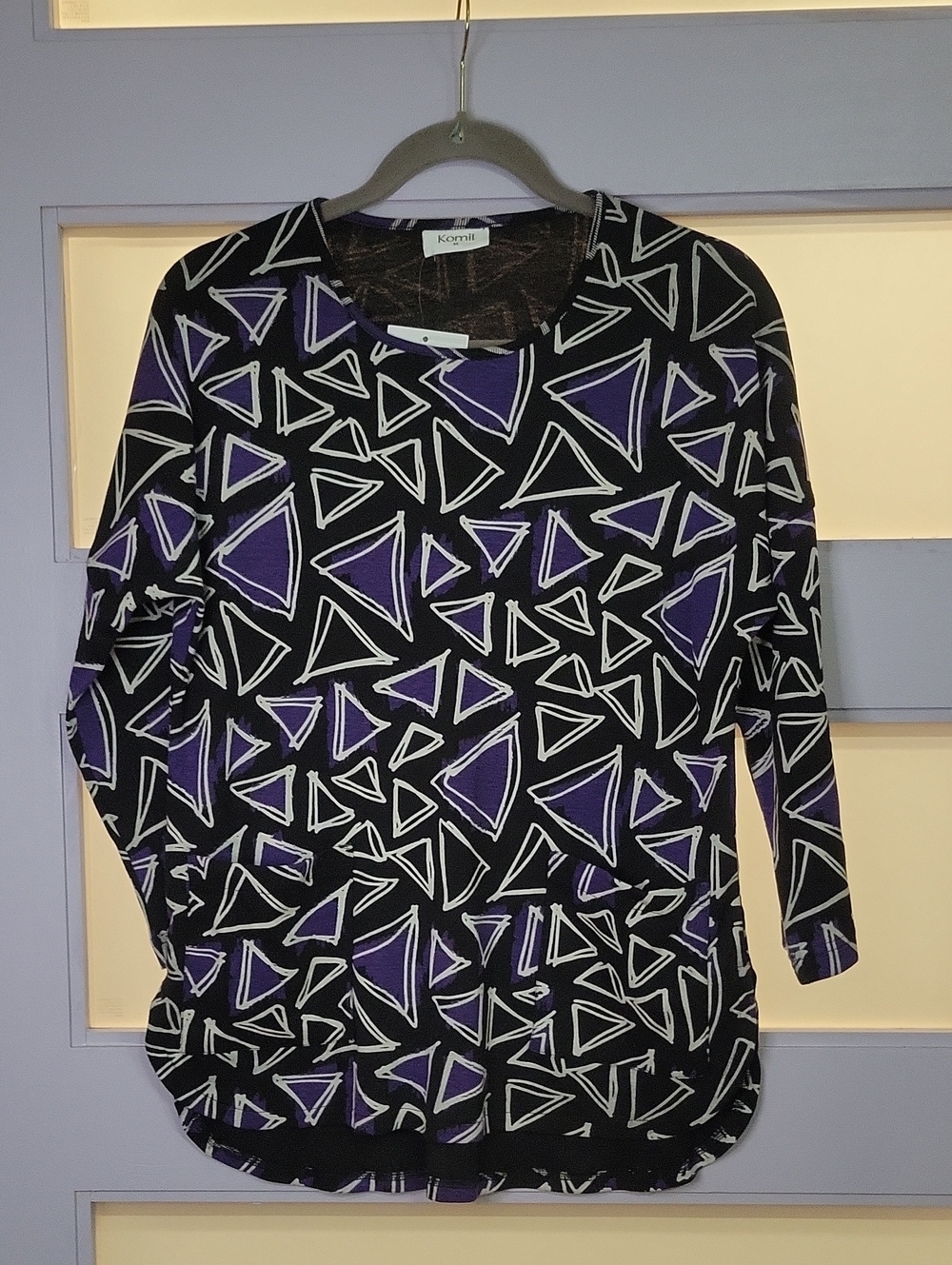 Black Long-Sleeve Tee with Purple Triangle Print